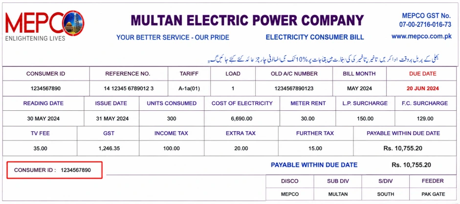 Where to find Reference Number and Consumer ID on real MEPCO Bill