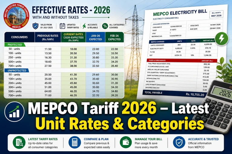 MEPCO Electricity Tariff Rates 2026 Explained